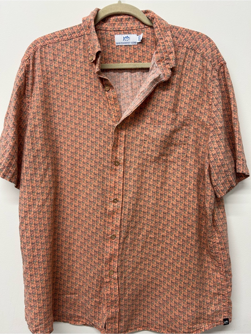 Southern Tide Short-Sleeve Button-Down Orange Patterned Shirt